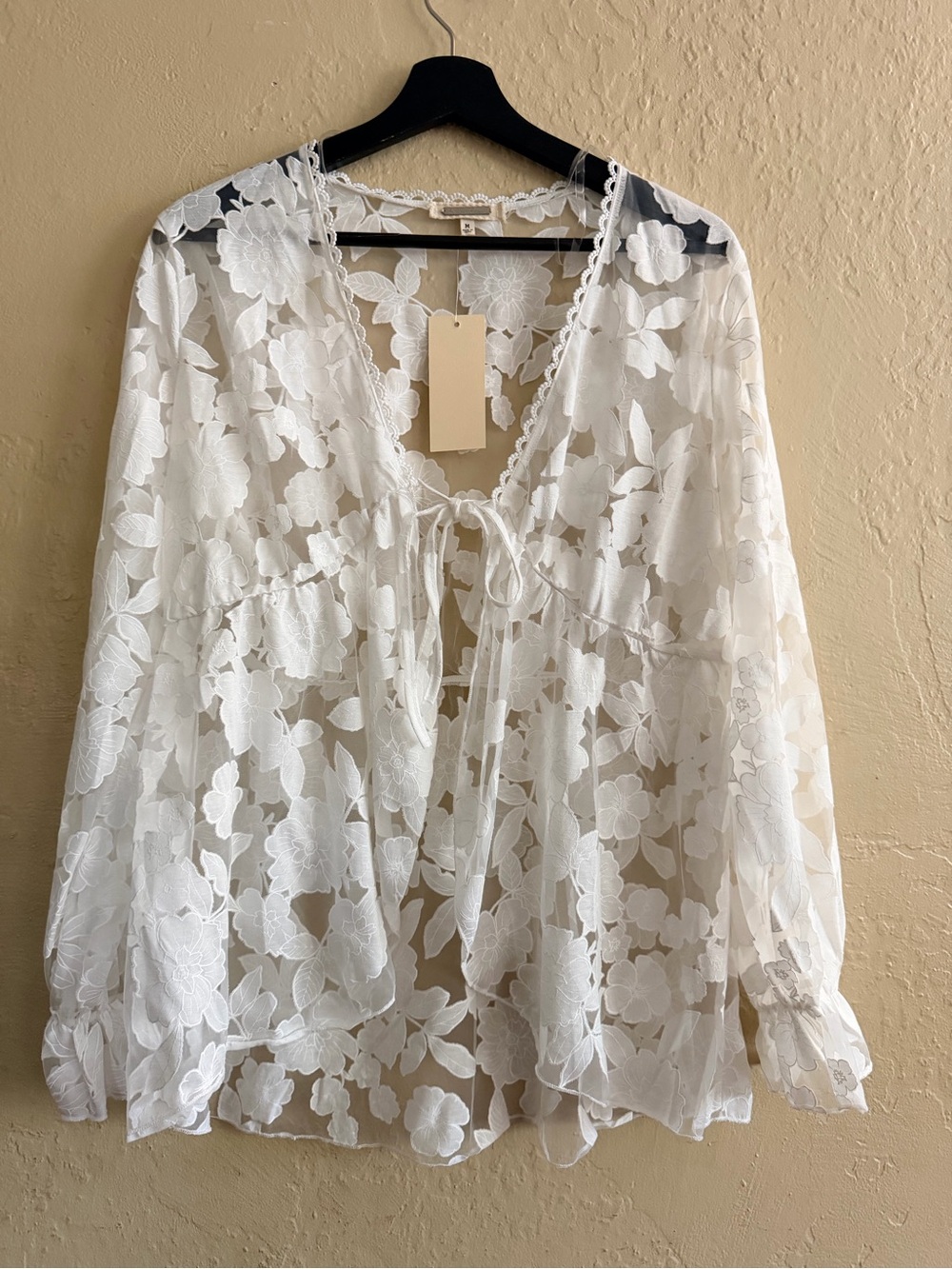 Sheer Floral Lace Peasant Tie Blouse/ Cardigan White